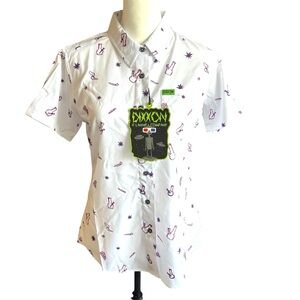 DIXXON Top‎ NWT Women’s M White & Purple Print Doodles 420 Party Button Down